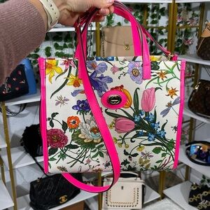GUCCI Flora Tote Shoulder Crossbody Flower Canvas Hot Pink Leather NEW